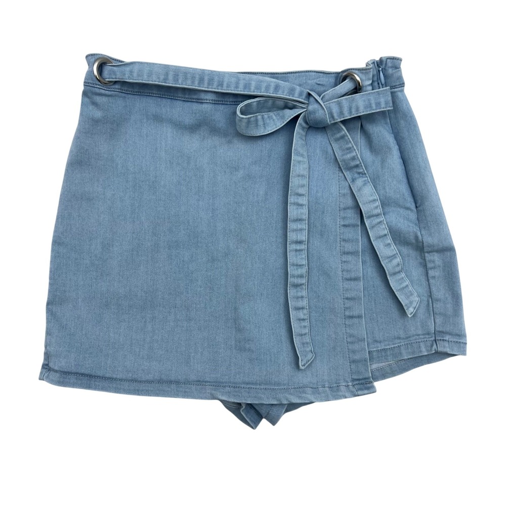 Denim Blvd Skort Shorts Wrap‎ Tie Waist Light Wash Denim Blue Size S